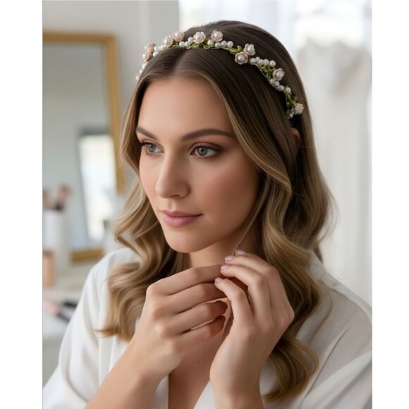 Wavy Gold Bridal Headband ✦ Pale Pink Metal Flowers & Pearls ✦ Formal Hairpiece - Picture 7 of 8